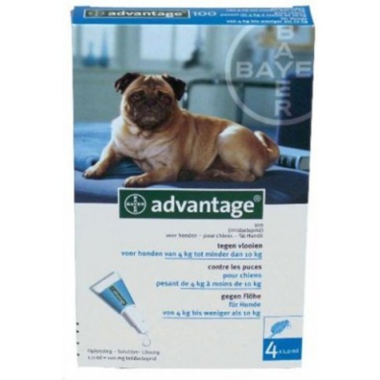 Bayer Advantage 100 (S) Hond. Tegen vlooien bij honden met een lichaamsgewicht van 4 tot 10 kg.