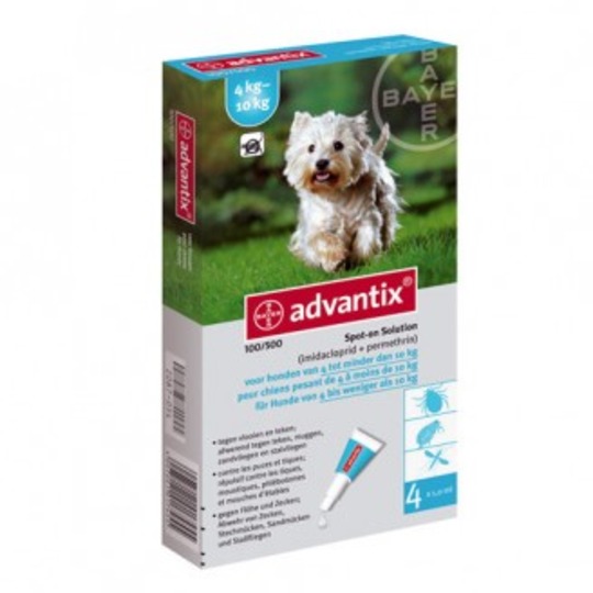 Advantix 100/500 Hond (S).Tegen vlooien, teken, zandvliegen en muggen bij honden van 4 tot 10 kilo.