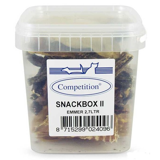 Competition Snackbox II. Grote 2.7 ltr. emmer gevuld met kauwsnacks voor honden.