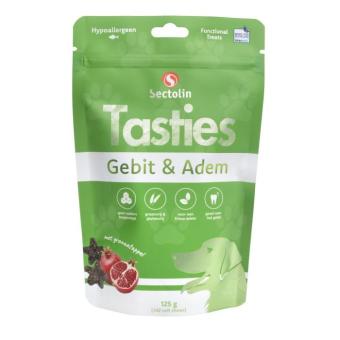 Sectolin Tasties Gebit & Adem 125gr. --- Zeer smakelijke functionele beloningen met granaatappel, voor het gebit en een frisse adem bij honden.