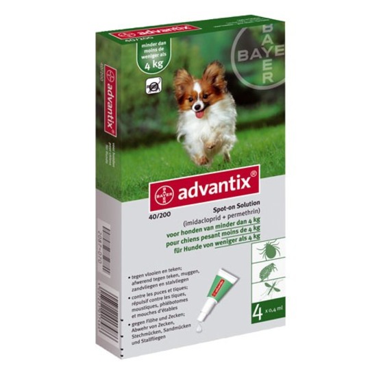Advantix 40/200 Hond (XS).Tegen vlooien, teken, zandvliegen en muggen bij honden tot 4 kilo.