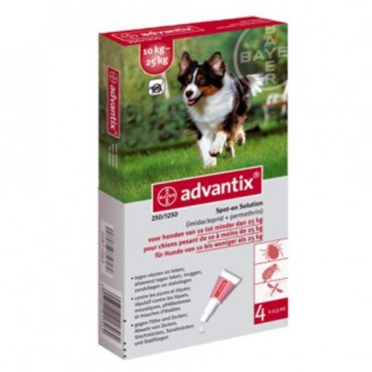 Advantix 250/1250 Hond (M).Tegen vlooien, teken, zandvliegen en muggen bij honden van 10 tot 25 kg.