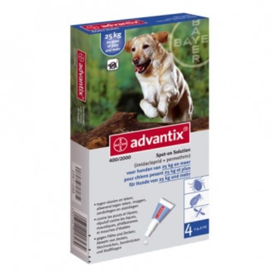 Advantix 400/2000 Hond (L).Tegen vlooien, teken, zandvliegen en muggen bij honden van 25+ kilo.
