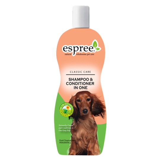 Espree Shampoo & Conditioner 355ml. Wast en voorkomt klitten tegelijk, ideaal voor langharige honden