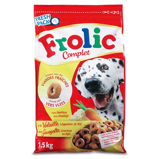 Frolic Complete Adult Aves de Corral 1.5kg. El alimento para perros tierno y crujiente de FROLIC®.