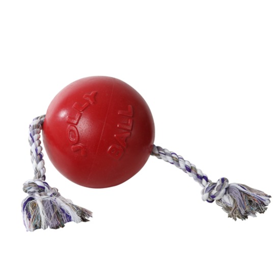 Jolly Ball Romp-N-Roll. Robusto pelota para perros con una cuerda.