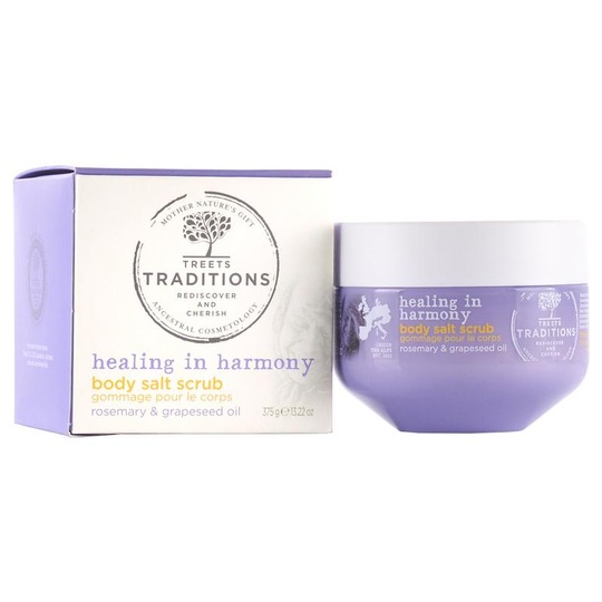 Treets Healing In Harmony Salt Scrub 375gr. Verzorgende scrub met druivenpitolie en rozemarijn.