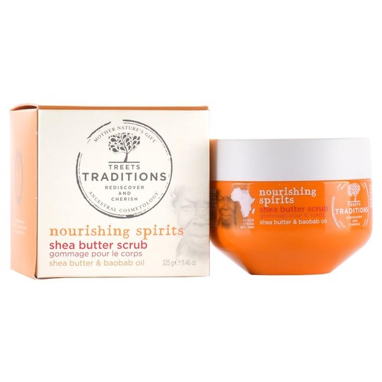 Treets Nourishing Spirit Shea Butter Scrub 375gr. Voedende scrub met karitéboter en baobabolie.