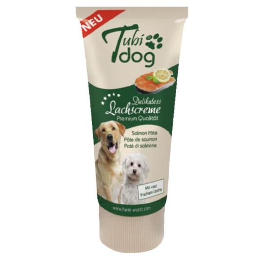 Tubidog Delikatess Zalmpaté 75gr. Handig om medicijnen toe te dienen. hoog beloningseffect.