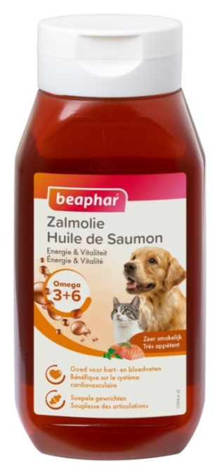 Beaphar Zalmolie 430ml.  Omega 3 (23%) en Omega 6 (6%) en is een goede bron van essentiële vetzuren als EPA en DHA. - kopie