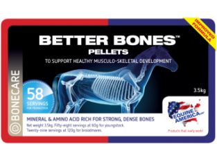 Equine America Better Bones.   Apoya el crecimiento y desarrollo óseo correcto en caballos jóvenes, en crecimiento (de carreras), caballos de alto rendimiento y yeguas de cría.