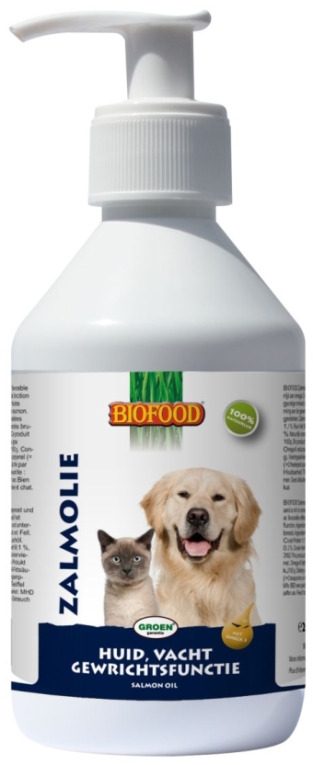 Biofood Zalmolie. Geconcentreerde zalmolie,  voor een mooie glanzende vacht, een gezonde huid en soepele gewrichten.