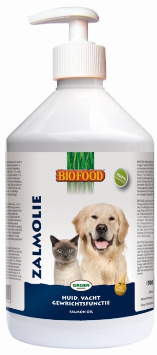 Biofood Zalmolie. Geconcentreerde zalmolie,  voor een mooie glanzende vacht, een gezonde huid en soepele gewrichten.