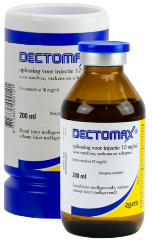 Dectomax Injectie 250ml. --- Voor de bestrijding van infecties door maagdarmwormen, longwormen, oogwormen, horzels, luizen en mijten bij niet melkgevende runderen, niet melkgevende schapen en varkens.