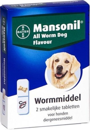 Mansonil All Worm Dog.   Behandelt de besmetting met rondwormen en lintwormen bij honden in 1 toediening.