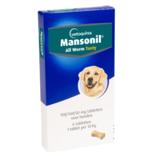 Mansonil All Worm Dog.   Traite les infestations d'ascaris et de ténias chez les chiens en 1 administration.