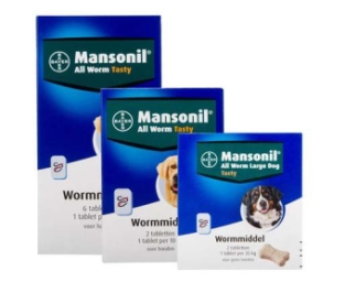 Mansonil All Worm Dog.   Treats roundworm and tapeworm infestation in dogs in 1 administration.