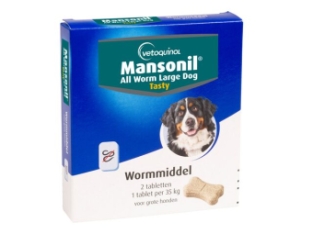 Mansonil All Worm Grand chien / Large Dog 2pc.   Comprimés qui combattent les vers fouettés, ronds, à crochets et les ténias chez le chien en 1 administration.