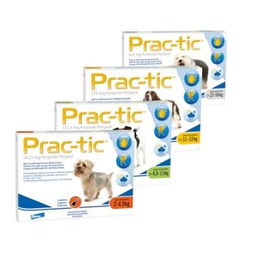 Elanco Prac-tic --- Pipetten zur Behandlung und Vorbeugung von Infektionen durch Flöhe und Zecken bei Hunden.