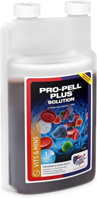 Equine America ProPell Plus.    Rico en hierro, multivitamínico y mineral, con Equinácea, para estimular la producción de glóbulos rojos y el sistema inmunológico.